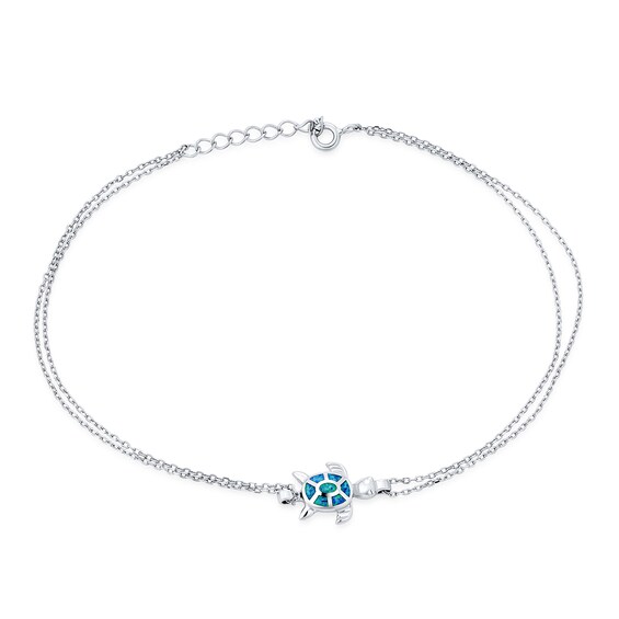 Blue Lab-Created Opal Inlay Turtle Double Chain Bracelet in Sterling Silver - 10"