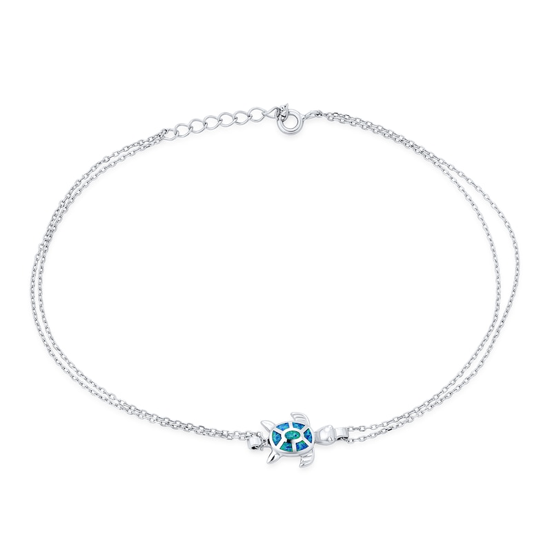 Main Image 1 of Blue Lab-Created Opal Inlay Turtle Double Chain Bracelet in Sterling Silver - 10"
