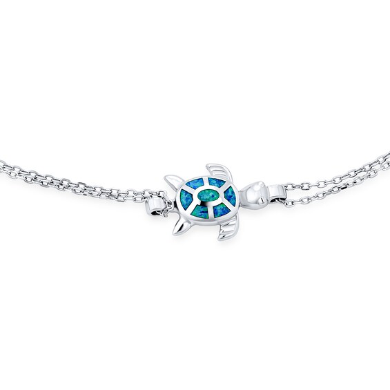 Blue Lab-Created Opal Inlay Turtle Double Chain Bracelet in Sterling Silver - 10"