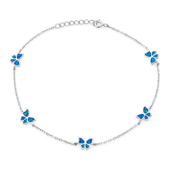 Blue Lab-Created Opal Inlay Butterfly Station Bracelet in Sterling Silver - 10"