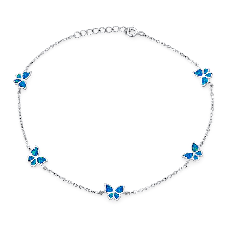 Main Image 1 of Blue Lab-Created Opal Inlay Butterfly Station Bracelet in Sterling Silver - 10"