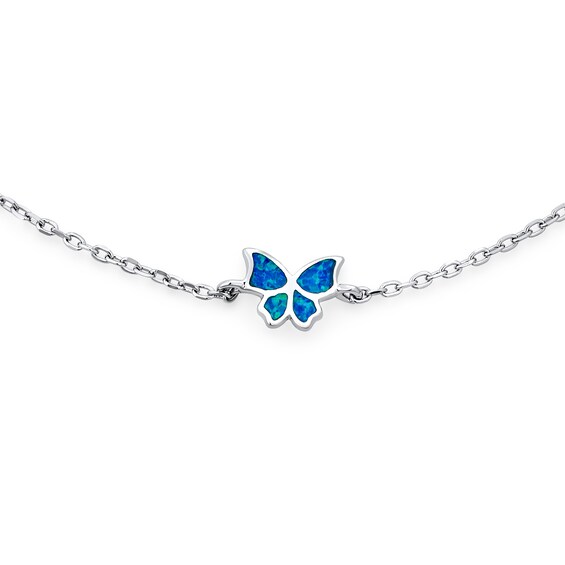 Blue Lab-Created Opal Inlay Butterfly Station Bracelet in Sterling Silver - 10"