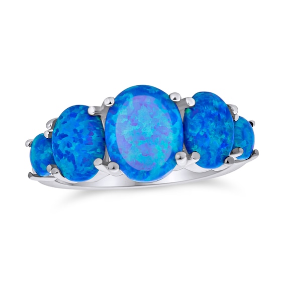 Oval Blue Lab-Created Opal Five Stone Ring in Sterling Silver