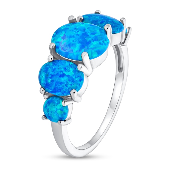 Oval Blue Lab-Created Opal Five Stone Ring in Sterling Silver