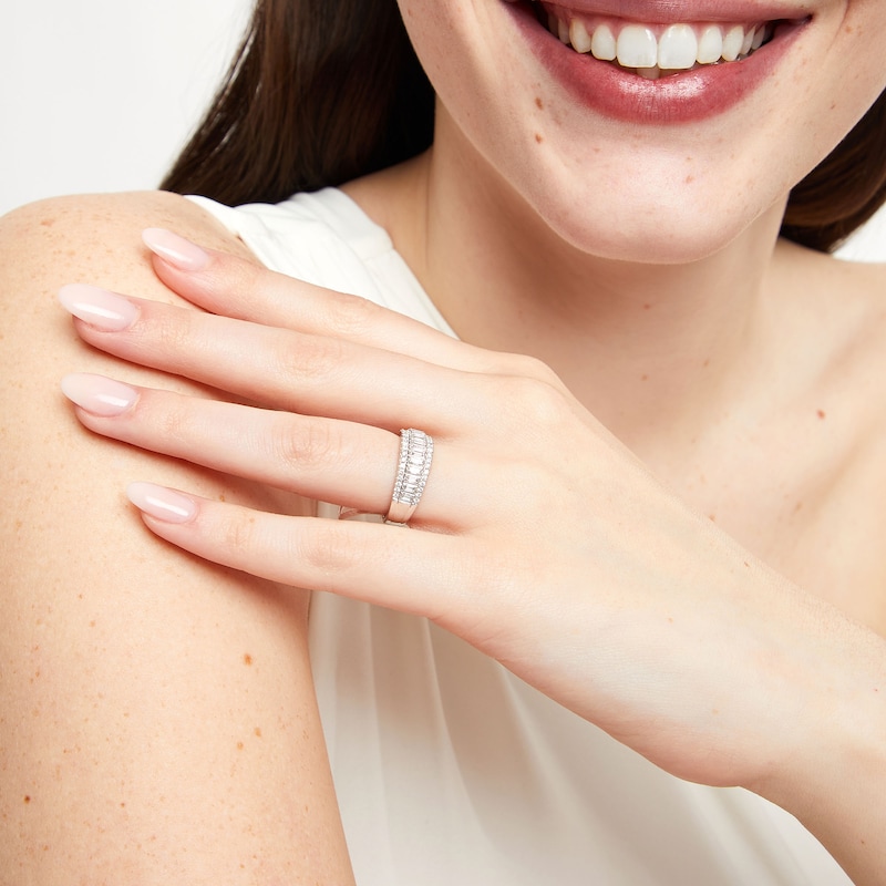 Main Image 2 of 1/2 CT. T.W. Baguette-Cut and Round Diamond Triple Row Band in 14K White Gold