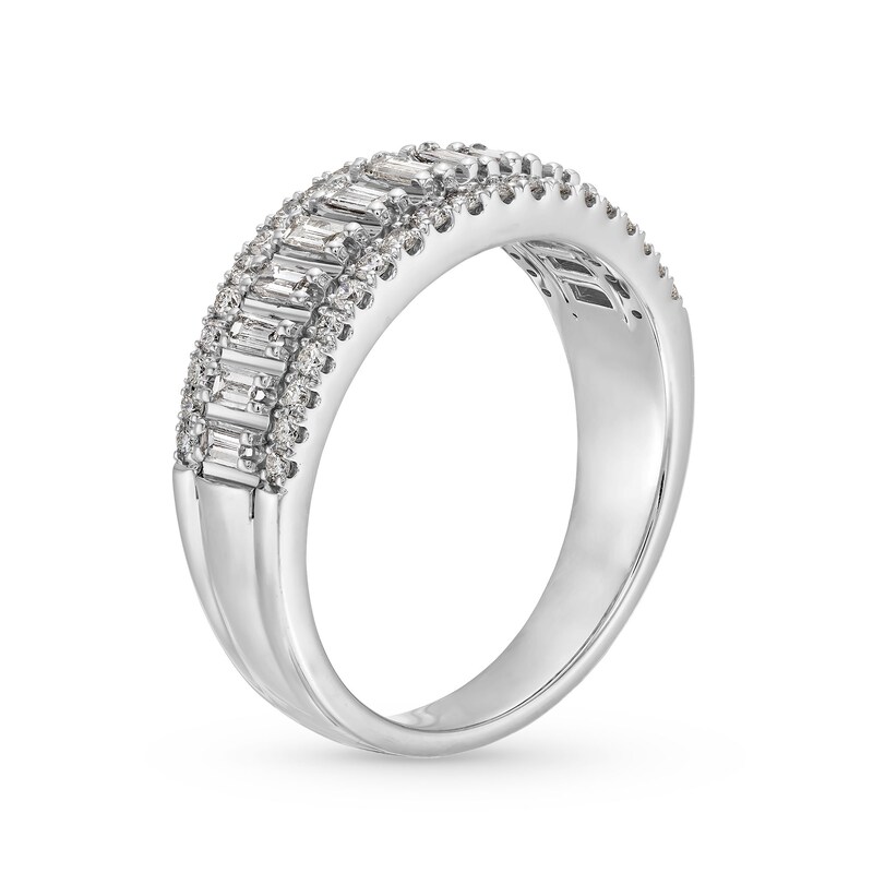 Main Image 3 of 1/2 CT. T.W. Baguette-Cut and Round Diamond Triple Row Band in 14K White Gold