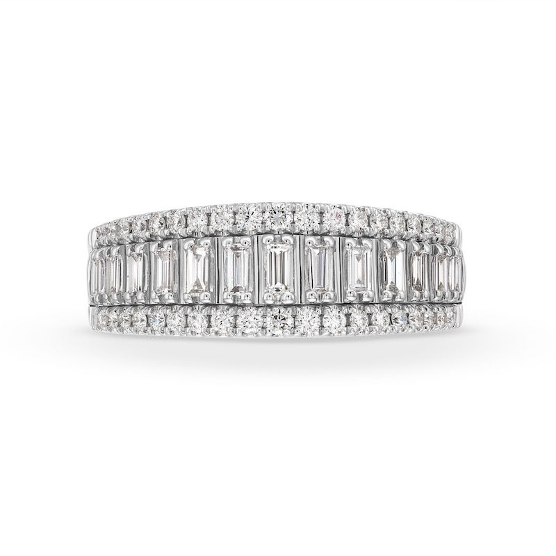 Main Image 4 of 1/2 CT. T.W. Baguette-Cut and Round Diamond Triple Row Band in 14K White Gold