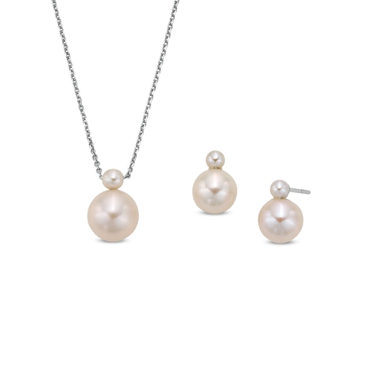 3.5-9.5mm Cultured Freshwater Pearl Stacked Drop Pendant and Stud Earrings Set in Sterling Silver