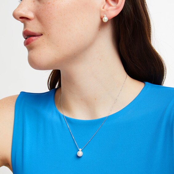3.5-9.5mm Freshwater Cultured Pearl Stacked Drop Pendant and Stud Earrings Set in Sterling Silver