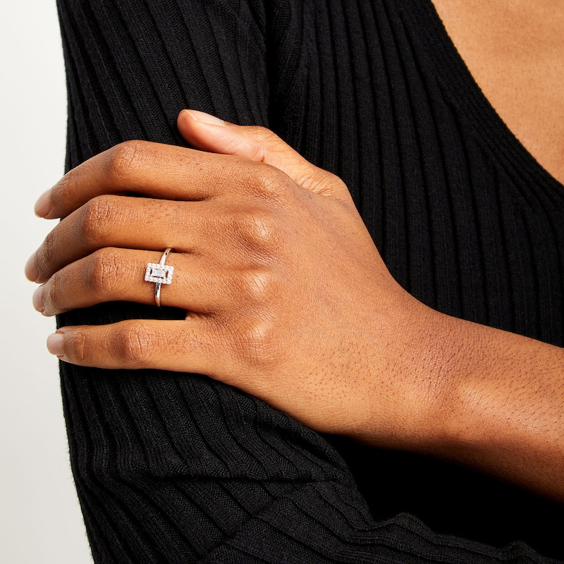 Main Image 2 of 1/4 CT. T.W. Baguette-Cut Diamond Square Frame Ring in 10K White Gold