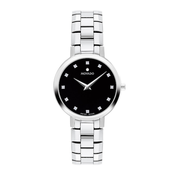 Ladies' Movado Faceto 1/20 CT. T.w. Diamond Watch with Black Dial (Model: 0607866)