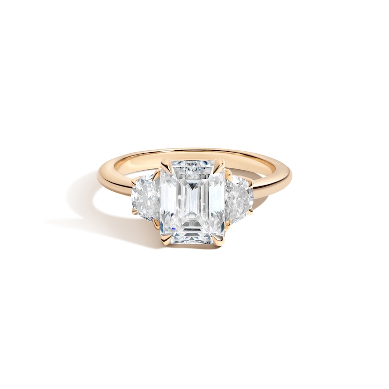 Main Image 1 of Zales x SHAHLA Certified Emerald Lab-Grown Center Diamond 2-1/3 CT. T.W. Arch Three Stone Engagement Ring in 14K Gold