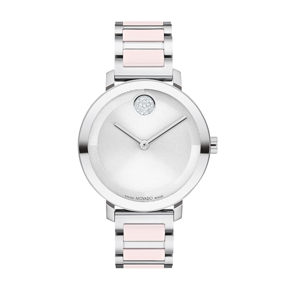 Ladies' Movado BoldÂ® Evolution Crystal Accent Pink Ceramic Watch with Textured Tonal Silver Dial (Model: 3601236)