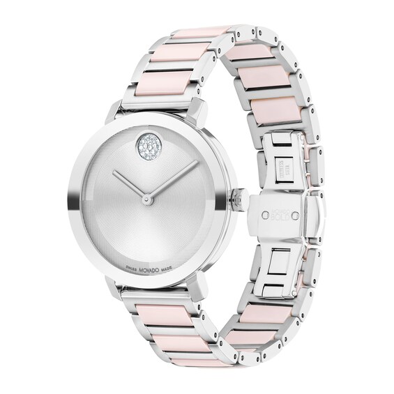 Ladies' Movado BoldÂ® Evolution Crystal Accent Pink Ceramic Watch with Textured Tonal Silver Dial (Model: 3601236)
