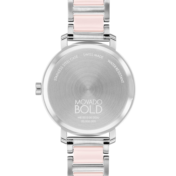 Ladies' Movado BoldÂ® Evolution Crystal Accent Pink Ceramic Watch with Textured Tonal Silver Dial (Model: 3601236)