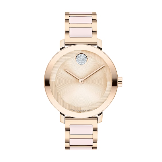 Ladies' Movado BoldÂ® Evolution Crystal Accent Rose-Tone IP Ceramic Watch with Textured Tonal Dial (Model: 3601237)