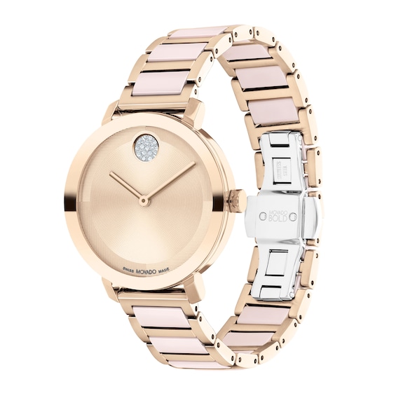 Ladies' Movado BoldÂ® Evolution Crystal Accent Rose-Tone IP Ceramic Watch with Textured Tonal Dial (Model: 3601237)