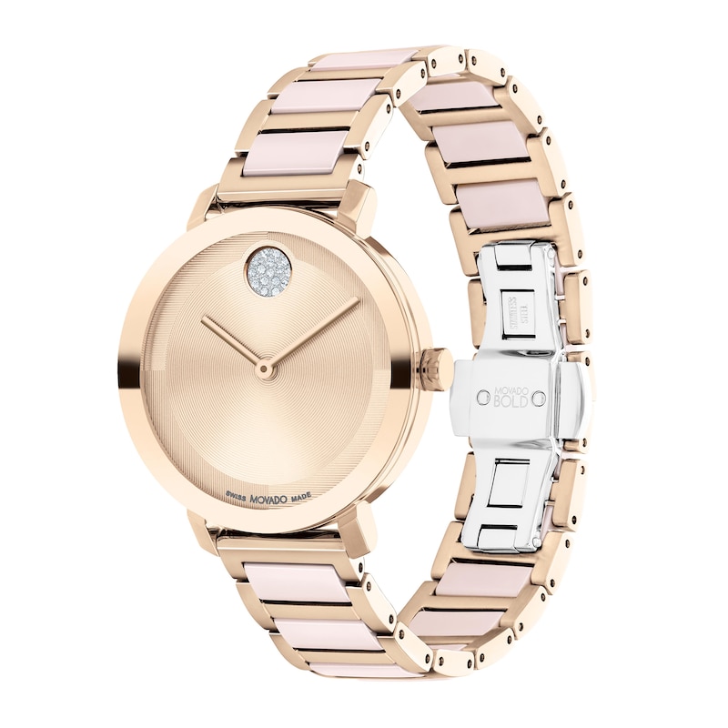 Ladies' Movado Bold® Evolution Crystal Accent Rose-Tone IP Ceramic Watch with Textured Tonal Dial (Model: 3601237)