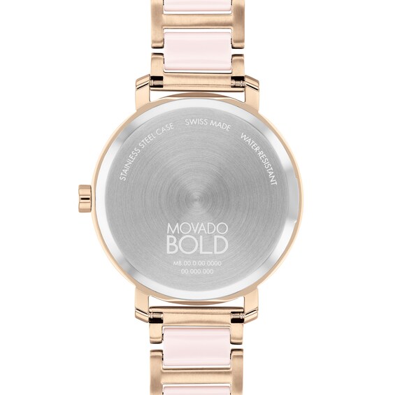 Ladies' Movado BoldÂ® Evolution Crystal Accent Rose-Tone IP Ceramic Watch with Textured Tonal Dial (Model: 3601237)