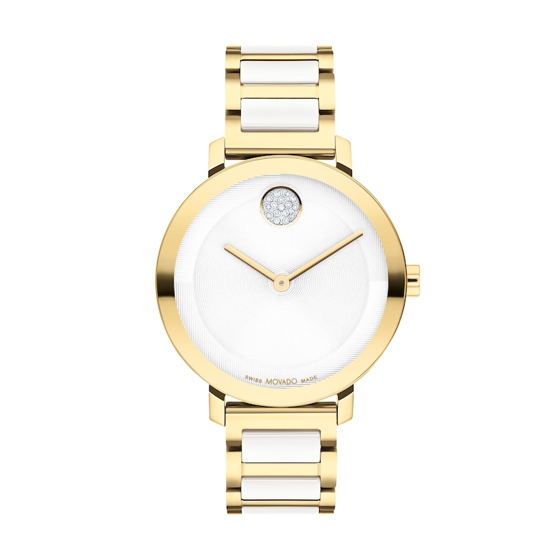 Ladies' Movado Bold® Evolution Crystal Accent Gold-Tone IP Ceramic Watch with Textured Tonal Dial (Model: 3601238)