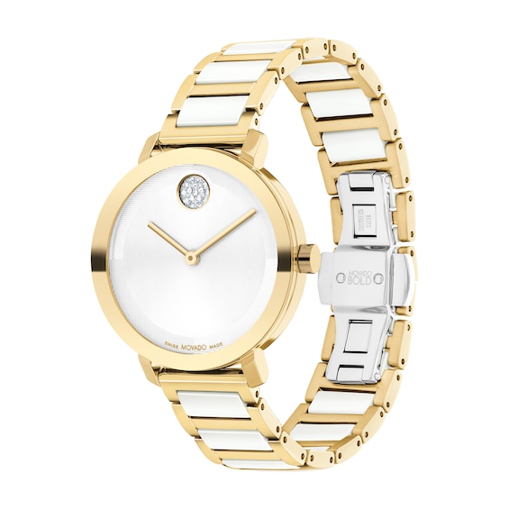 Ladies' Movado BoldÂ® Evolution Crystal Accent Gold-Tone IP Ceramic Watch with Textured Tonal Dial (Model: 3601238)