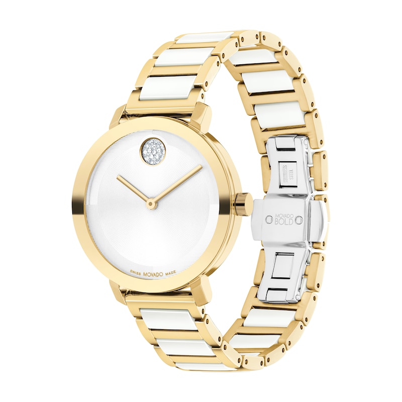 Ladies' Movado Bold® Evolution Crystal Accent Gold-Tone IP Ceramic Watch with Textured Tonal Dial (Model: 3601238)