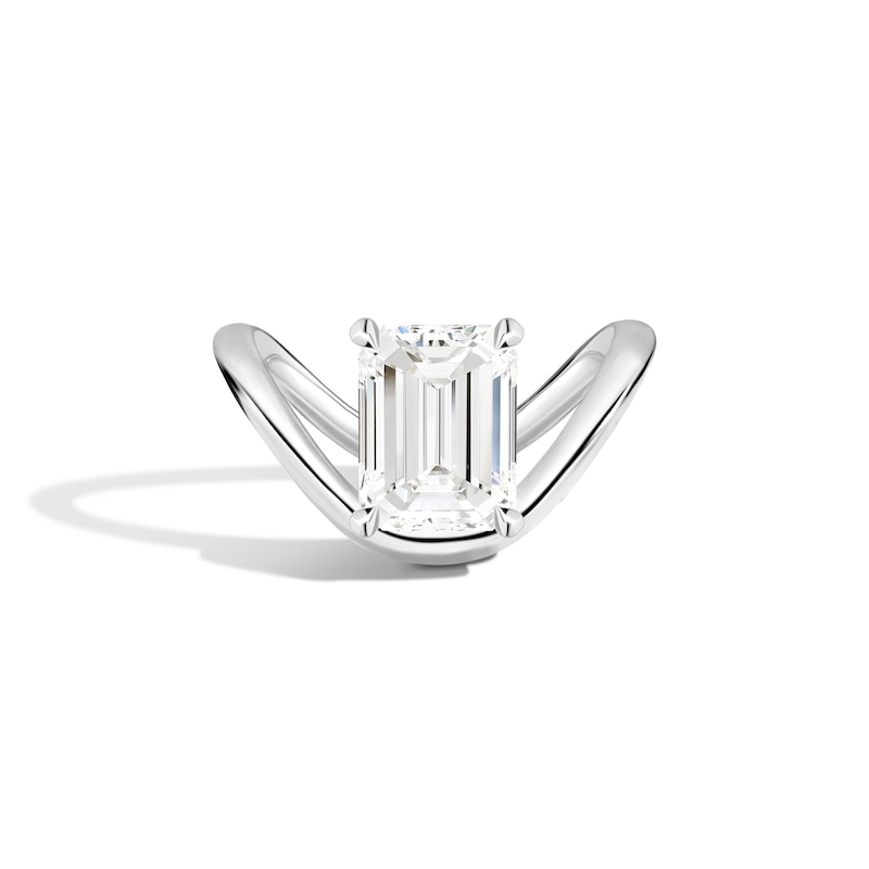 Main Image 1 of Zales x SHAHLA 3 CT. Certified Emerald-Cut Lab-Grown Diamond Solitaire Zaha Dip Engagement Ring in 14K White Gold