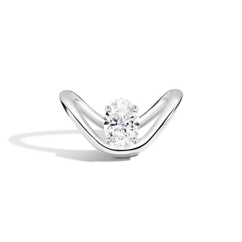 Main Image 1 of Zales x SHAHLA 1-1/2 CT. Certified Oval Lab-Grown Diamond Solitaire Zaha Dip Engagement Ring in Platinum (F/VS2)