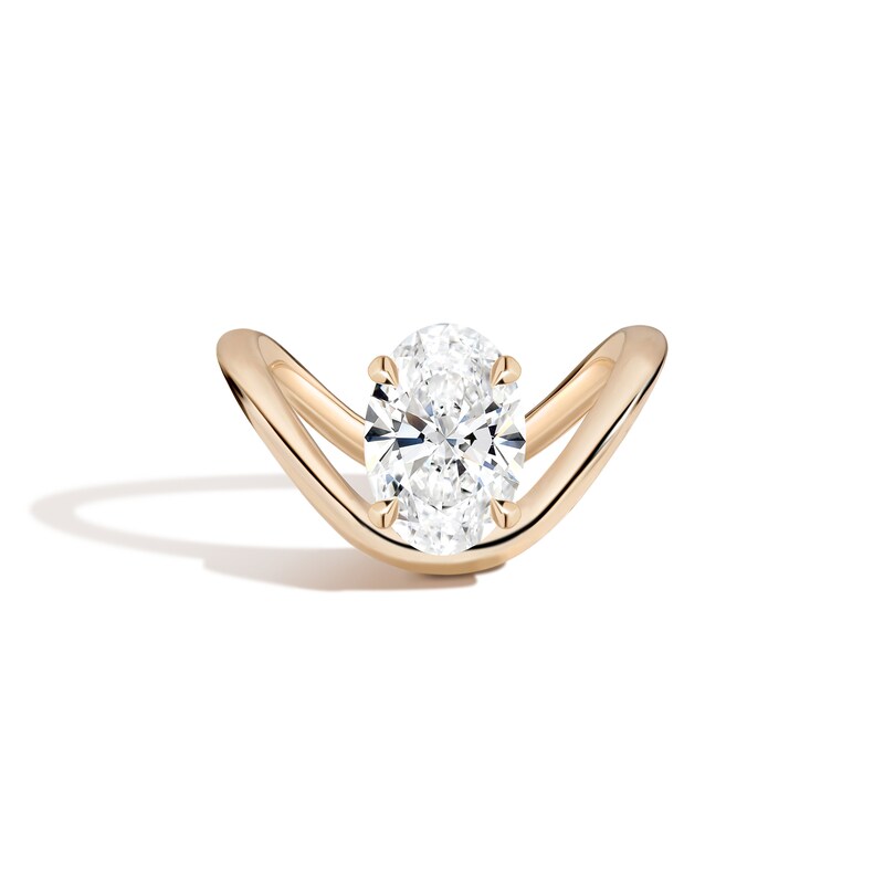 Main Image 1 of Zales x SHAHLA 3 CT. Certified Oval Lab-Grown Diamond Solitaire Zaha Dip Engagement Ring in 14K Gold (F/VS2)