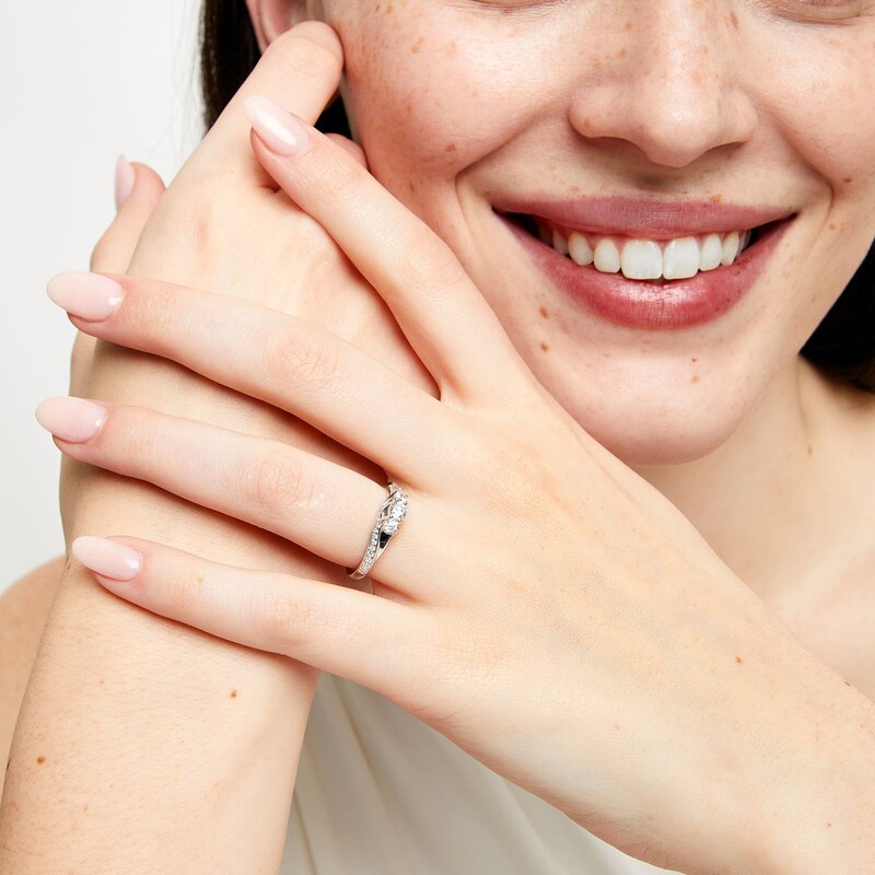 Main Image 2 of 1/2 CT. T.W. Diamond Past Present Future® Bypass Shank Engagement Ring in 10K White Gold