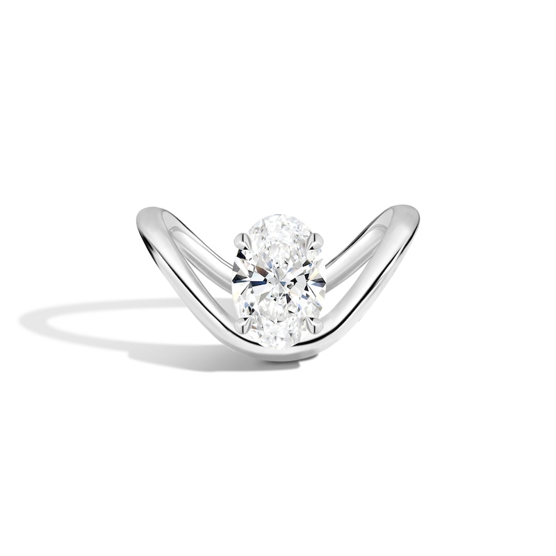 Main Image 1 of Zales x SHAHLA 2 CT. Certified Oval Lab-Grown Diamond Solitaire Zaha Dip Engagement Ring in 14K White Gold (F/VS2)