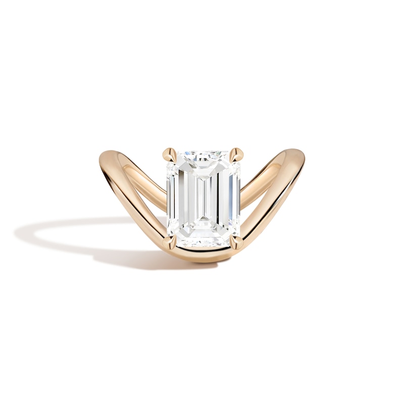 Main Image 1 of Zales x SHAHLA 3 CT. Certified Emerald-Cut Lab-Grown Diamond Solitaire Zaha Dip Engagement Ring in 14K Gold
