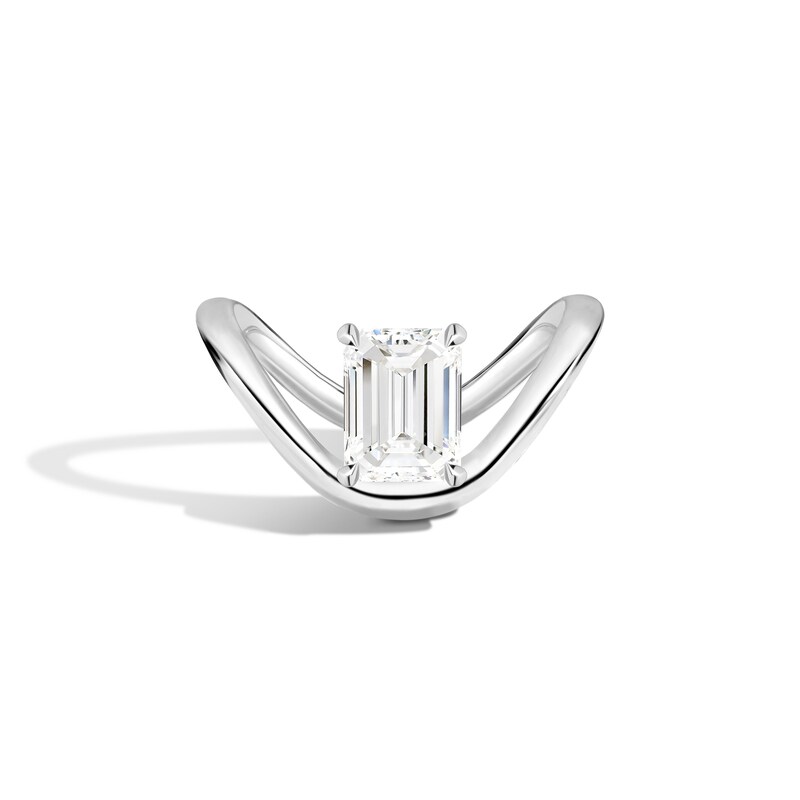 Main Image 1 of Zales x SHAHLA 1-1/2 CT. Certified Emerald-Cut Lab-Grown Diamond Solitaire Zaha Dip Engagement Ring in 14K White Gold