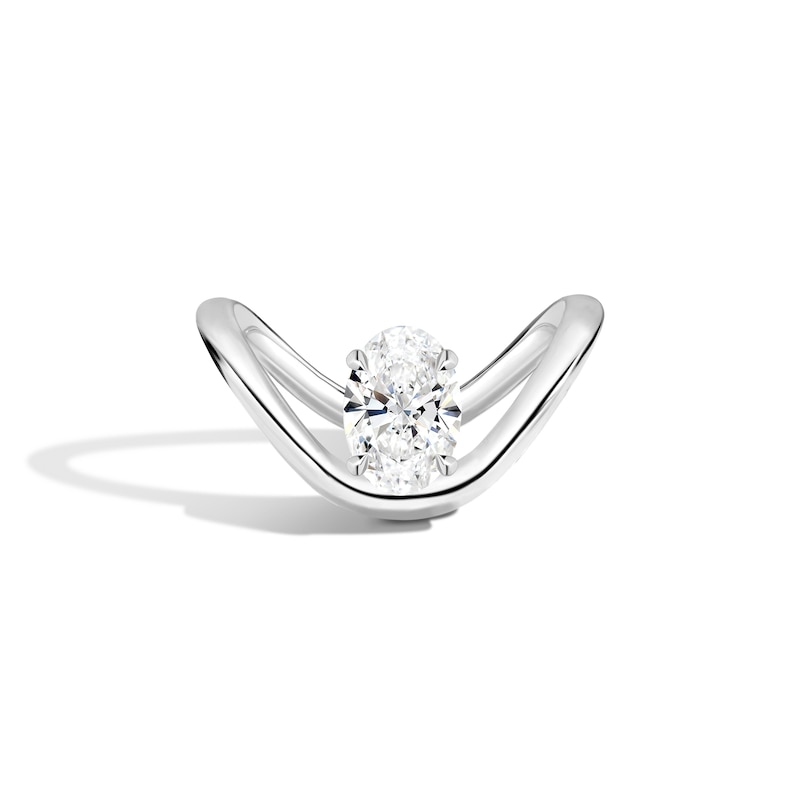 Main Image 1 of Zales x SHAHLA 1-1/2 CT. Certified Oval Lab-Grown Diamond Solitaire Zaha Dip Engagement Ring in 14K White Gold (F/VS2)