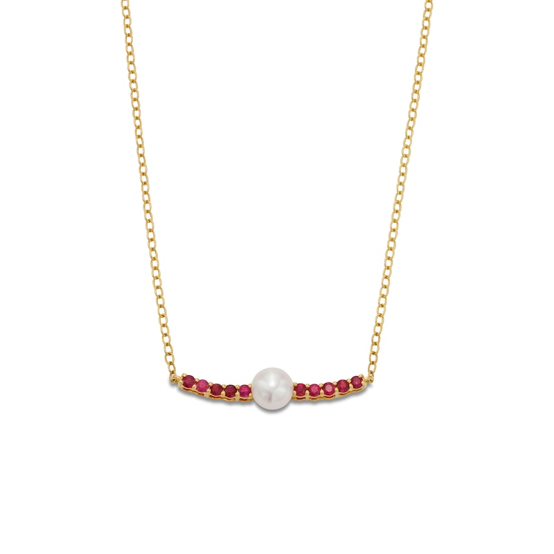 5.0mm Freshwater Cultured Pearl and Certified Ruby Bar Necklace in 10K Gold