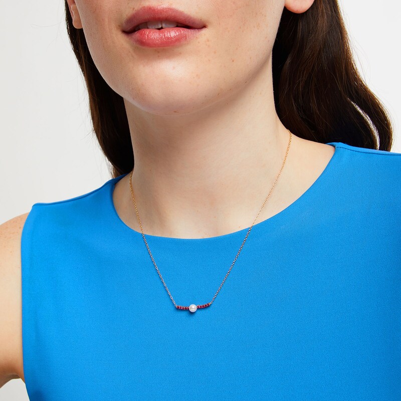 Main Image 2 of 5.0mm Freshwater Cultured Pearl and Certified Ruby Bar Necklace in 10K Gold