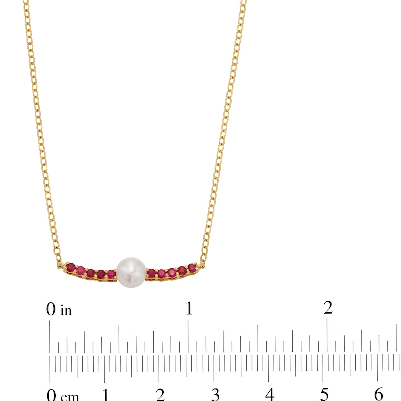 Main Image 3 of 5.0mm Freshwater Cultured Pearl and Certified Ruby Bar Necklace in 10K Gold