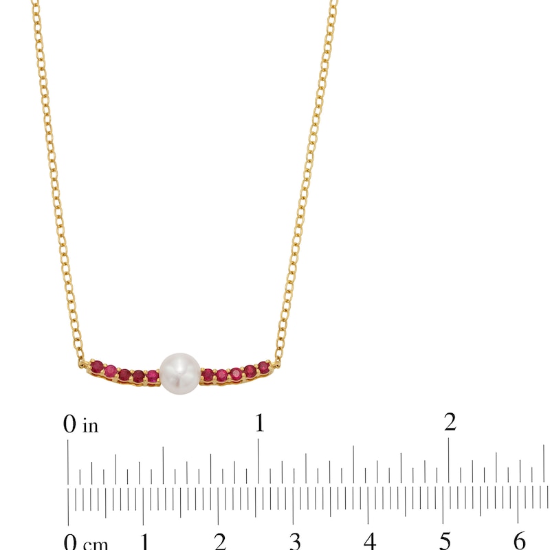 5.0mm Cultured Freshwater Pearl and Certified Ruby Bar Necklace in 10K Gold