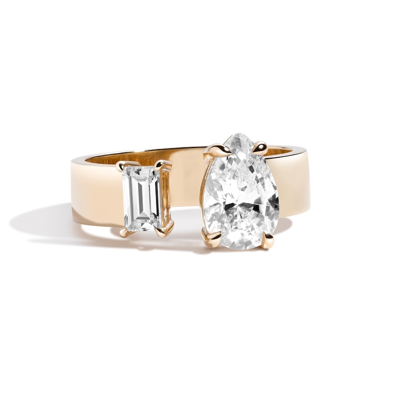 Zales x SHAHLA 1-3/4 CT. T.W. Certified Pear and Baguette Lab-Created Diamond Gap Toi et Moi Engagement Ring in 14K Gold