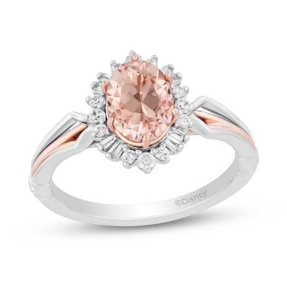 Enchanted Disney Aurora Oval Morganite and 1/5 CT. T.w. Diamond Sunburst Frame Ring in Sterling Silver and Rose Gold