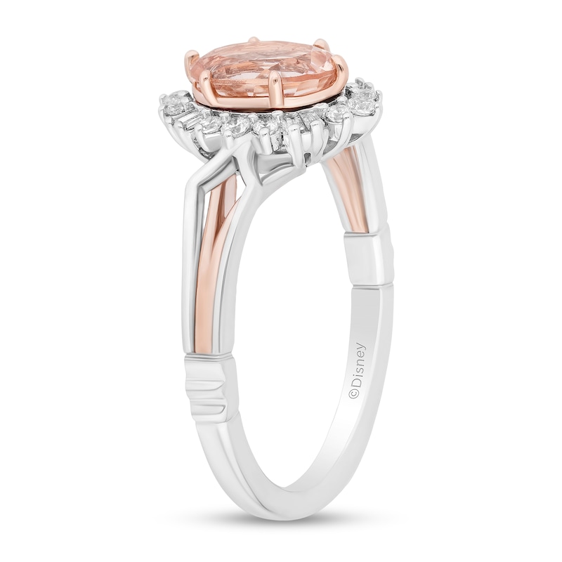 Enchanted Disney Aurora Oval Morganite and 1/5 CT. T.W. Diamond Sunburst Frame Ring in Sterling Silver and Rose Gold