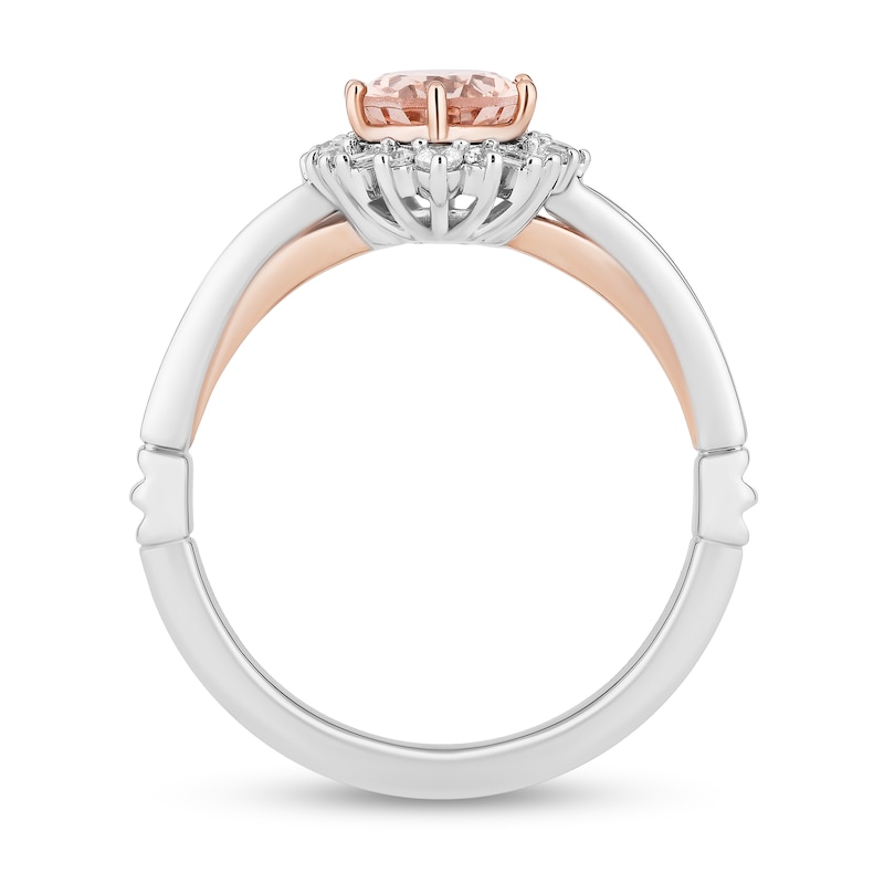 Enchanted Disney Aurora Oval Morganite and 1/5 CT. T.W. Diamond Sunburst Frame Ring in Sterling Silver and Rose Gold