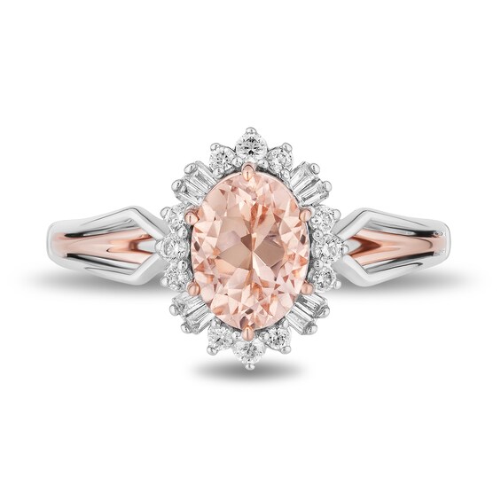 Enchanted Disney Aurora Oval Morganite and 1/5 CT. T.w. Diamond Sunburst Frame Ring in Sterling Silver and Rose Gold