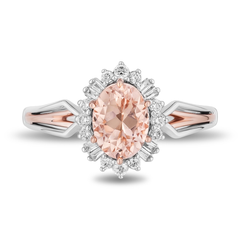 Main Image 4 of Enchanted Disney Aurora Oval Morganite and 1/5 CT. T.W. Diamond Sunburst Frame Ring in Sterling Silver and Rose Gold