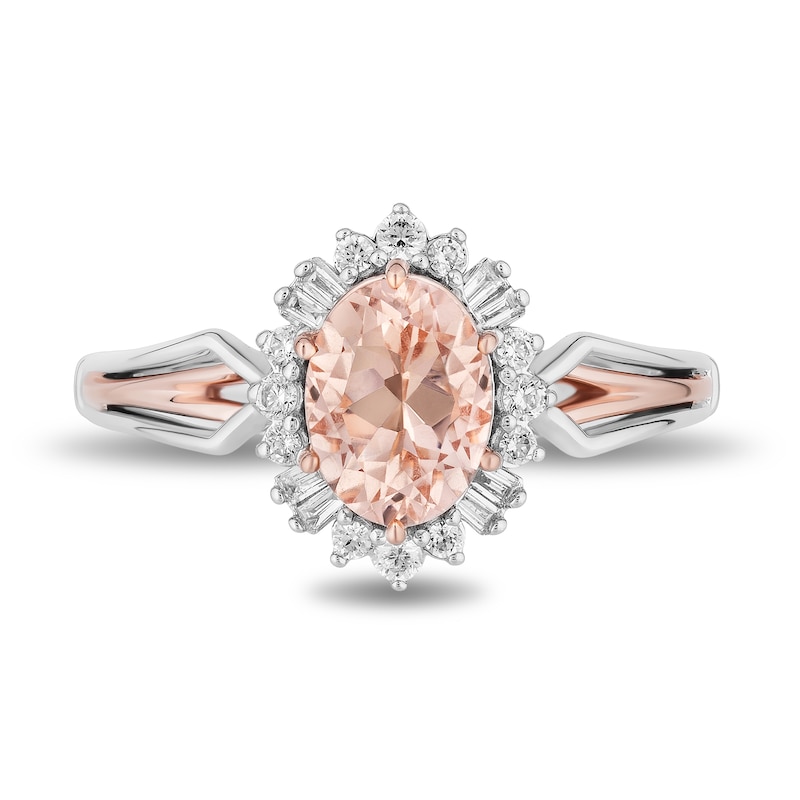 Enchanted Disney Aurora Oval Morganite and 1/5 CT. T.W. Diamond Sunburst Frame Ring in Sterling Silver and Rose Gold