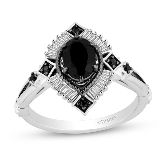 Enchanted Disney Villains Maleficent Oval Onyx and 1/5 CT. T.w. Diamond Fanned Frame Ring in Sterling Silver