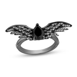 Enchanted Disney Villains Maleficent Pear-Shaped Onyx and 1/4 CT. T.W. Diamond Wings Ring in Sterling Silver - Size 7