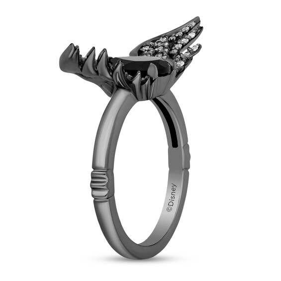 Enchanted Disney Villains Maleficent Pear-Shaped Onyx and 1/4 CT. T.w. Diamond Wings Ring in Sterling Silver - Size 7