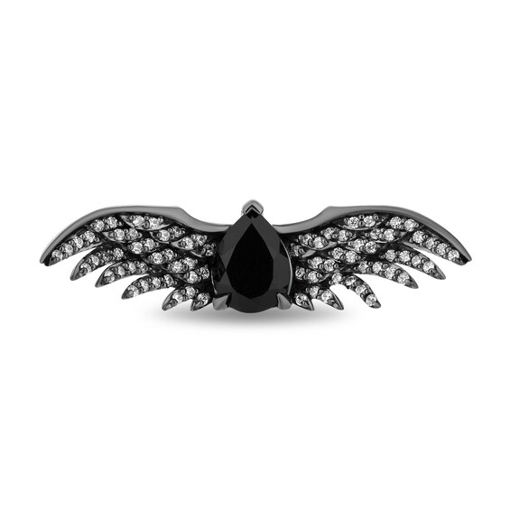 Enchanted Disney Villains Maleficent Pear-Shaped Onyx and 1/4 CT. T.w. Diamond Wings Ring in Sterling Silver - Size 7
