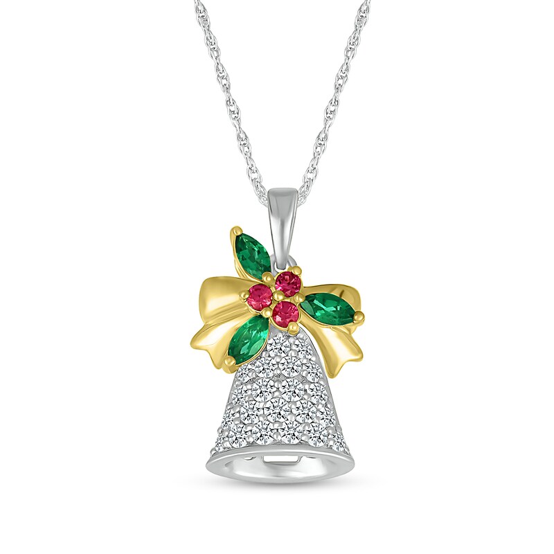 Main Image 1 of White Lab-Created Sapphire, Lab-Created Ruby and Lab-Created Emerald Bell Pendant in Sterling Silver and 10K Gold